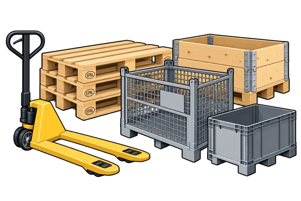 Verschiedene Ladehilfsmittel: Hubwagen, Palette, Gitterbox und Palettencontainer