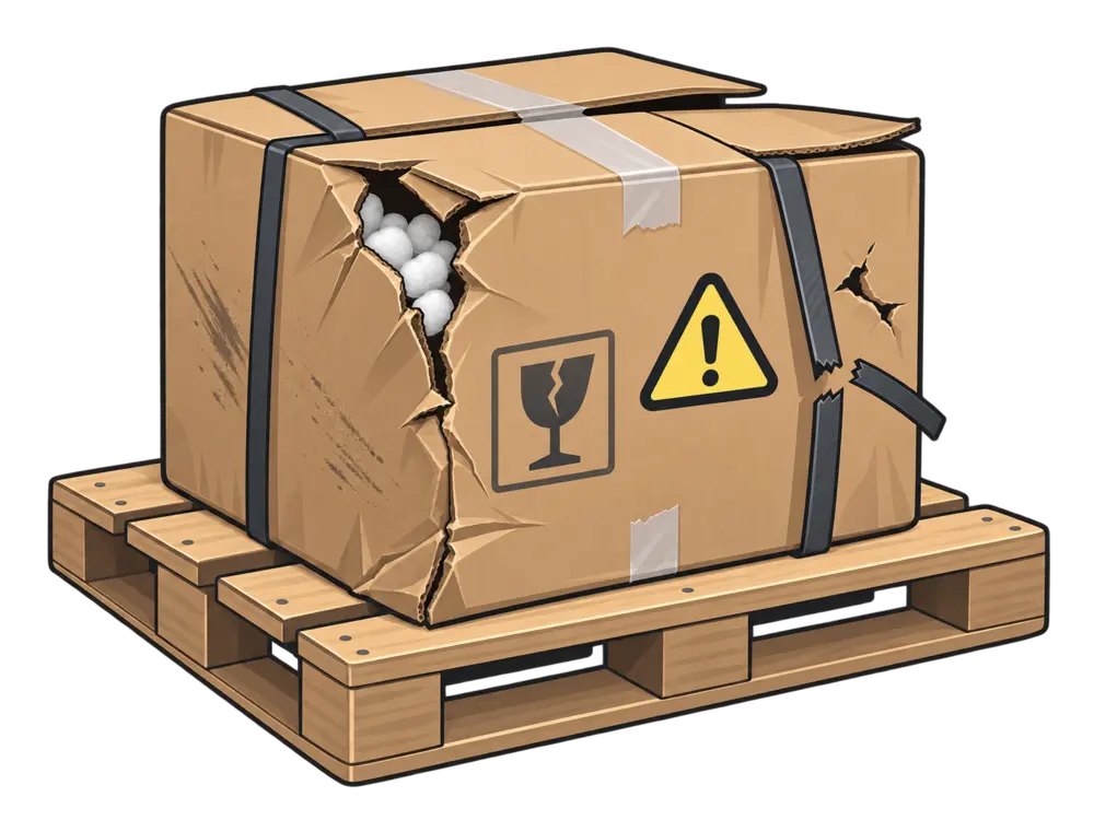 Beschädigtes Paket auf einer Palette als Beispiel für einen Transportschaden