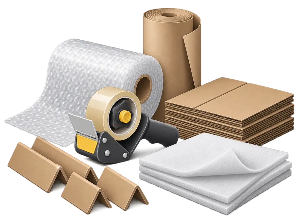 Verpackungsmaterial: Kartons, Luftpolsterfolie, Packpapier und Schaumstoff